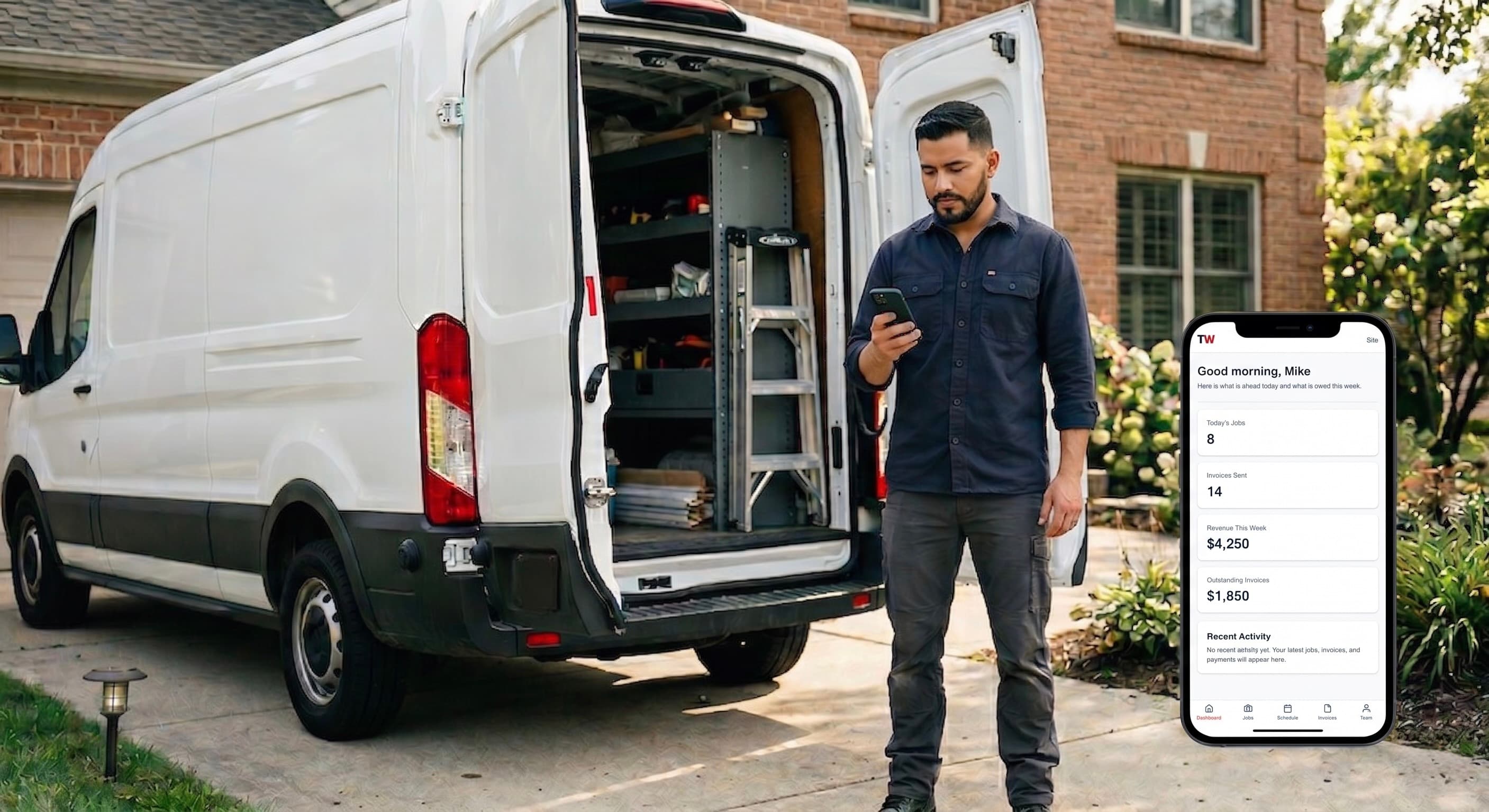 Contractor using TruWork beside service van